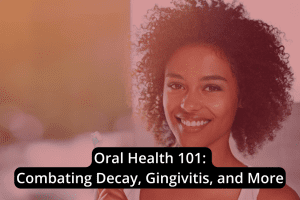 Woman smiling with text overlay about oral health education and gingivitis prevention.