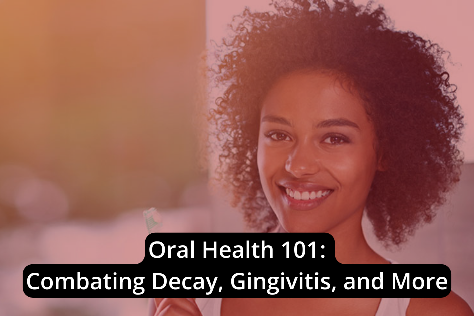 Woman smiling with text overlay about oral health education and gingivitis prevention.
